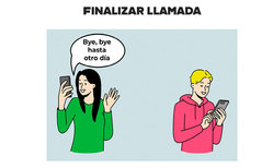 Icono quién debe finalizar una llamada de teléfono Dos amigos se despiden después de conversar por teléfono