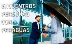 Icono qué hacer cuando nos encontramos a otras personas con paraguas Dos personas se encuentran un día de lluvia y llevando un paraguas