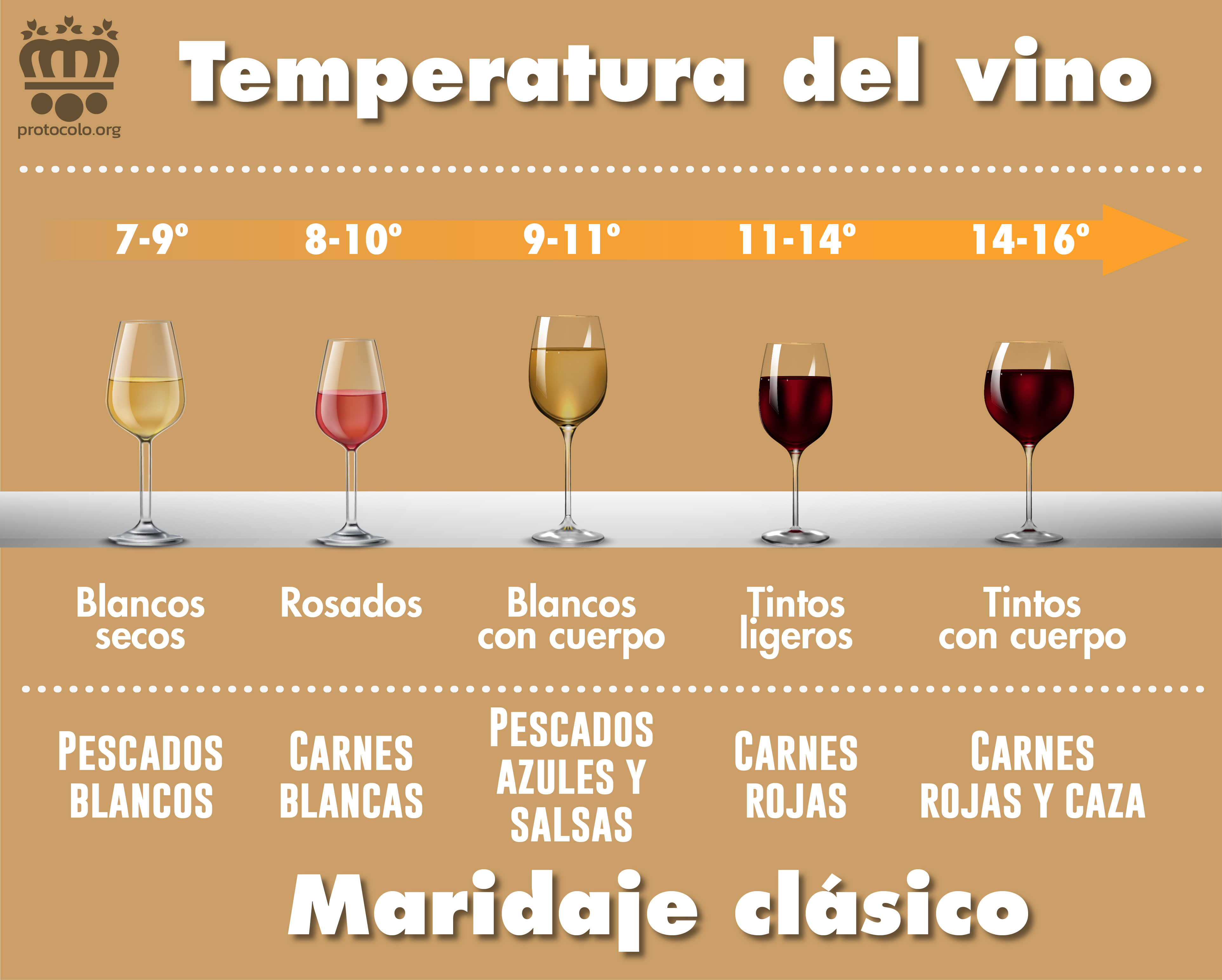 Temperatura y maridake vino. Infografía de la temperatura de consumo del vino y su maridaje con los distintos tipos de alimentos