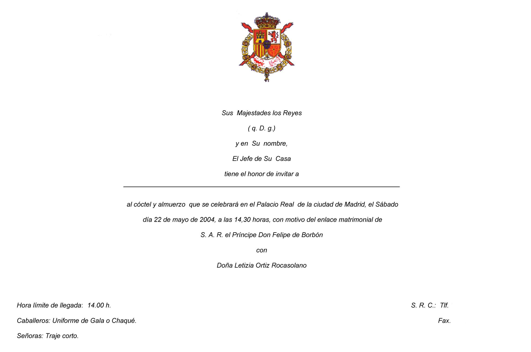 Modelo invitación Casa Real a cóctel y almuerzo.