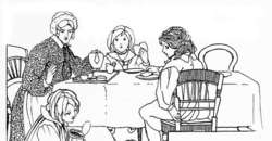 En la mesa. Imgen del libro 'Verses for Grannie. Suggested by the children ... Illustrated by D. A. H. Drew'. The British Library.