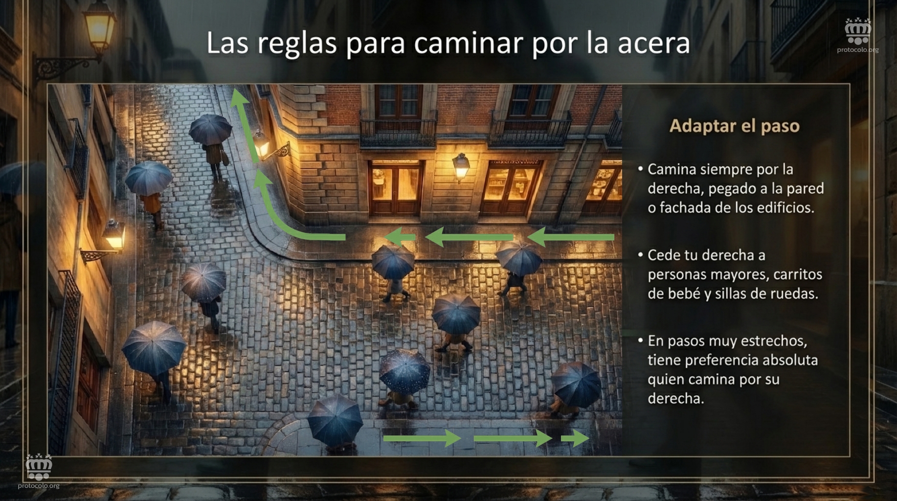 Con el paraguas, como al caminar, siempre por la derecha . La derecha es el lugar preferente para caminar por una acera