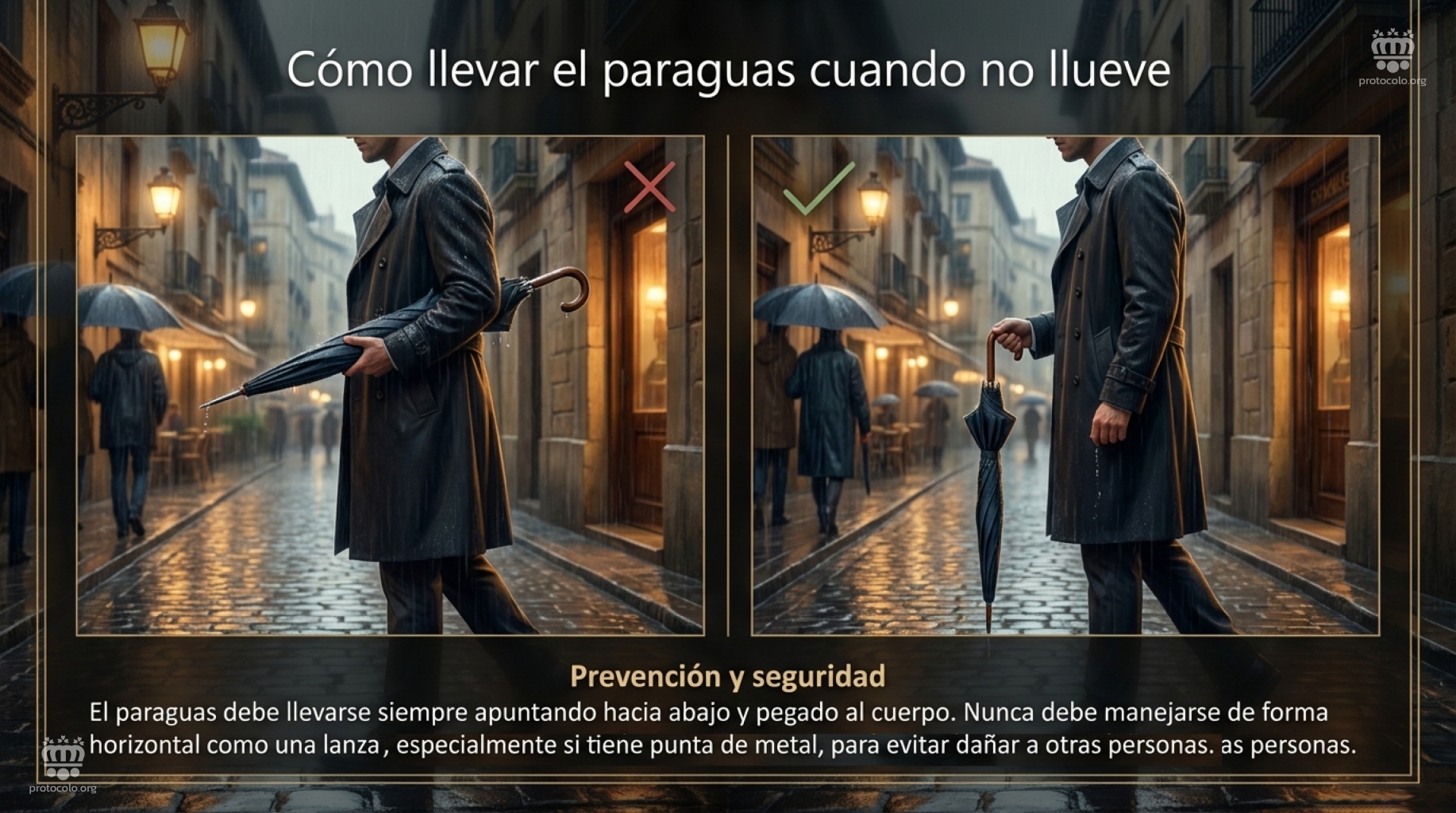 La forma correcta de llevar un paraguas cerrado. El paraguas cerrado se debe llevar a modo de bastón no de lancero medieval