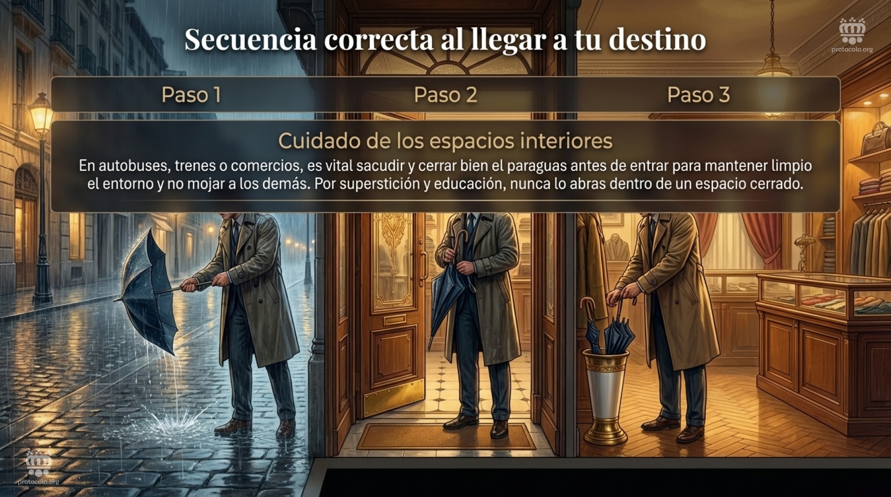 El paraguas se abre y se cierra en la calle. No se debe sacudir o cerrar un paraguas dentro de un sitio cerrado