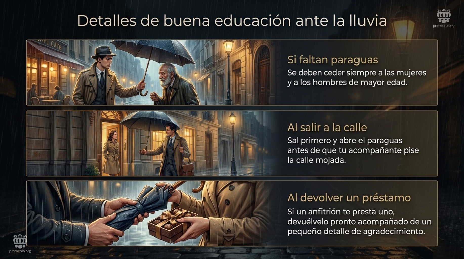 El uso del paraguas tiene sus reglas de cortesía. Cederlo a otras personas, cubrir a otras personas o devolver con un detalle de agradecimiento