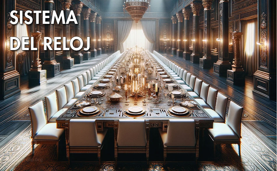 Sistema del reloj para colocar invitados en una mesa. El sistema del reloj para una presidencia inglesa y para una francesa