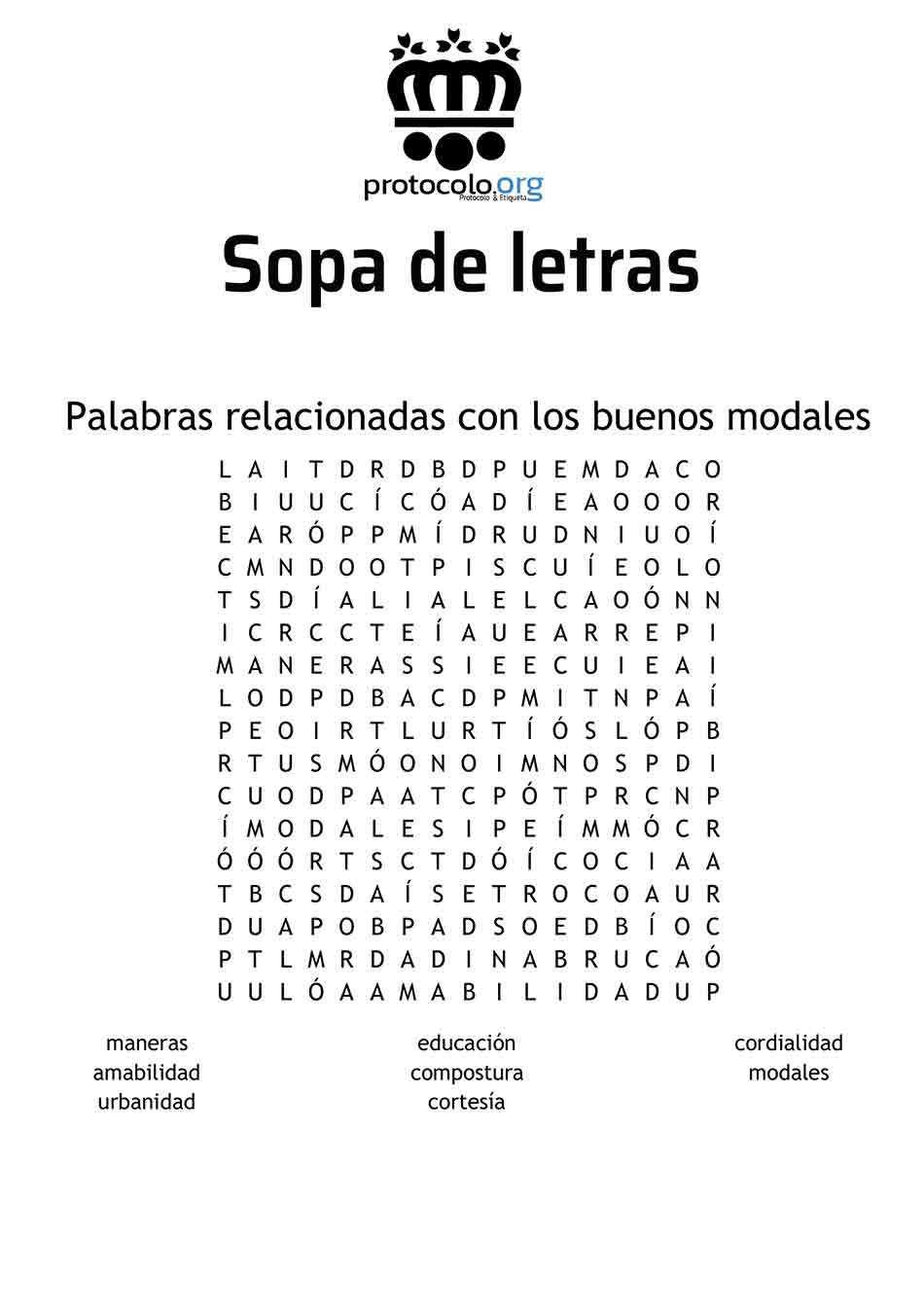 Palabras buenos modales. Sopa de letras con palabras relativas a los buenos modales