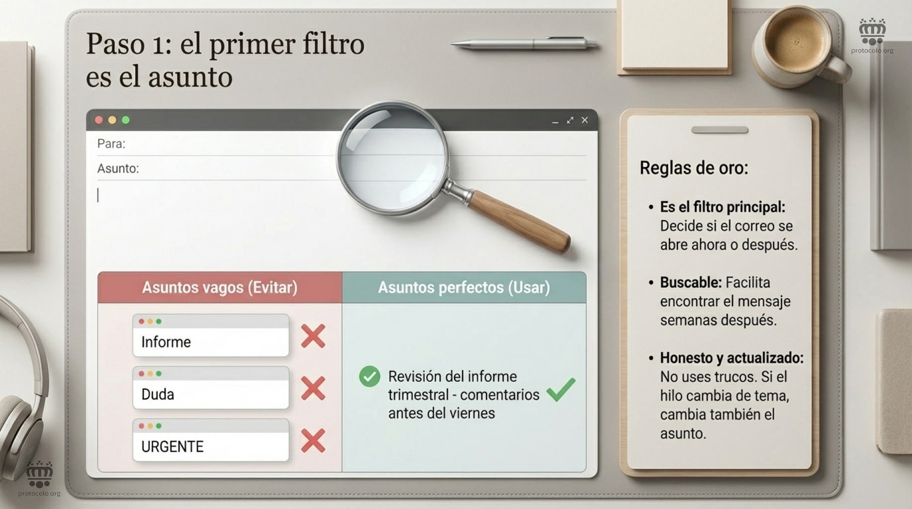 Poner un buen asunto es importante. El asunto debe ser muy claro para informas de qué va el correo