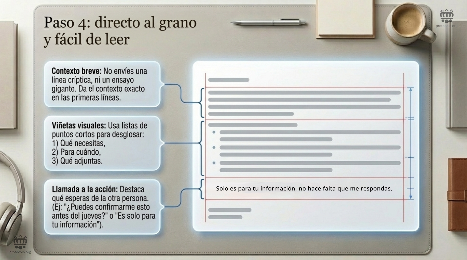 La brevedad y la claridad deben ser puntos a tener en cuenta. El contenido del mensaje debe ser muy claro y no perderse con mucha literatura