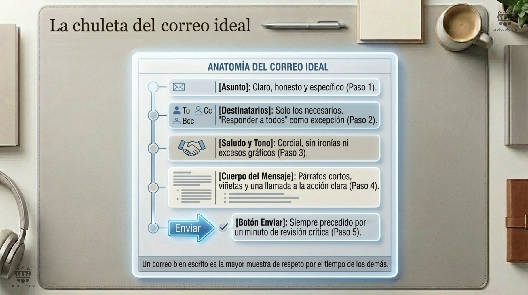 Un check list de los pasos a seguir para escribir un buen correo. El correo ideal es aquel que sigue estos sencillos pasos