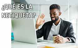 Icono Netiqueta ¿qué es? Hombre saluda a otro en un encuentro virtual