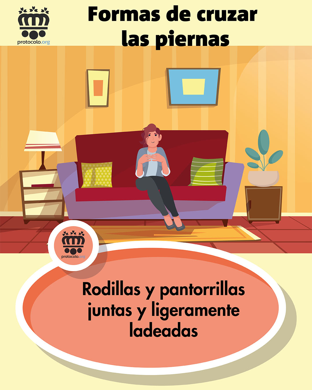 Cruzar piernas sentado. Cruzar piernas con las rodillas y pantorrillas juntas y ligeramente ladeadas