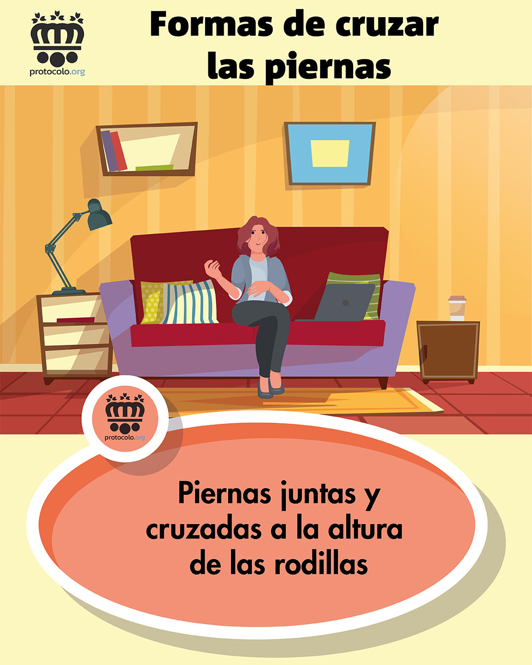 Cruzar las piernas sentados. Las piernas juntas y cruzadas a la altura de las rodillas