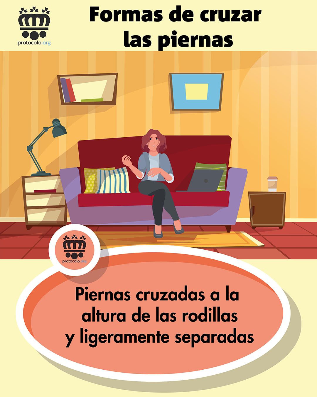 Cruzar las piernas sentados. Cruce de piernas a la altura de las rodillas con las piernas ligeramente separadas