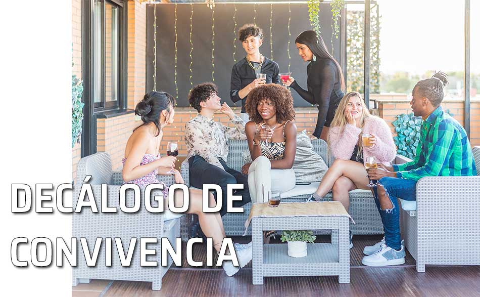 Decálogo de convivencia. Grupo de amigos charla de forma animada y divertida