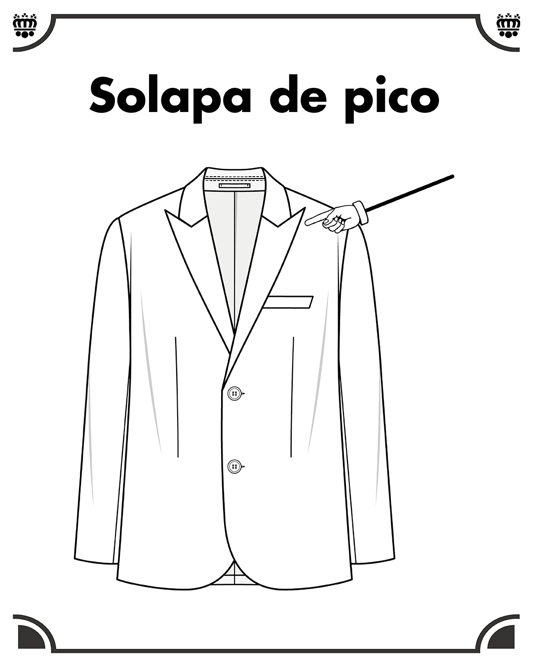 Solapa de pico o punta. Solapa parte inferior sube en punta sobrepasando la muesca