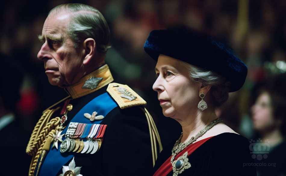Simulación pareja Carlos III de Inglaterra y la reina Camila. El evento de la coronación en sí comienza con la procesión real desde el Palacio de Buckingham hasta la Abadía de Westminster