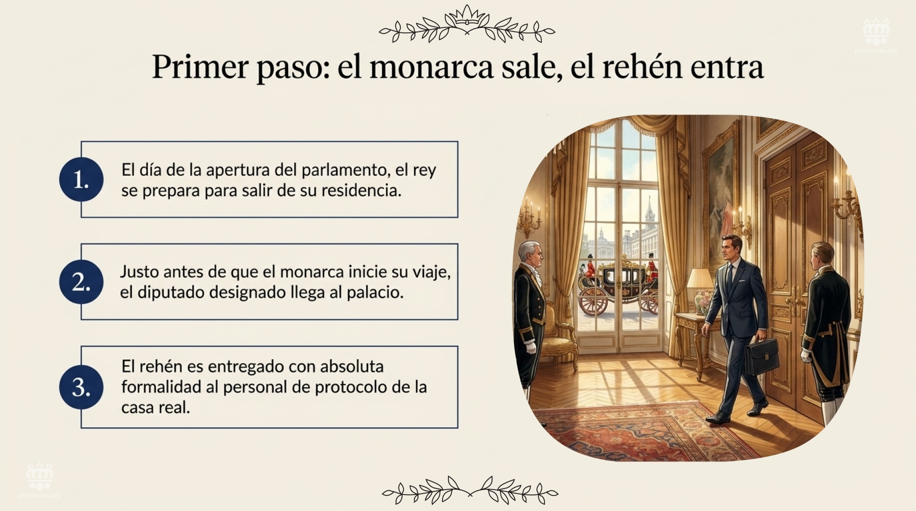 Primer paso: el monarca sale, el rehén entra. Antes de salir el rey llega el diputado que interpreta el papel de rehén