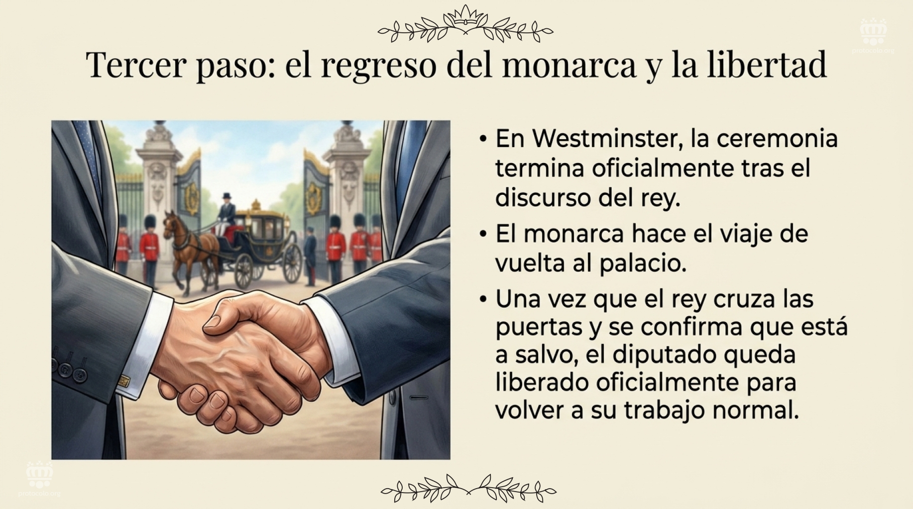 Tercer paso: el regreso del monarca y la libertad del diputado. Cuando se confirma que el rey está a salvo, el diputado puede salir del palacio