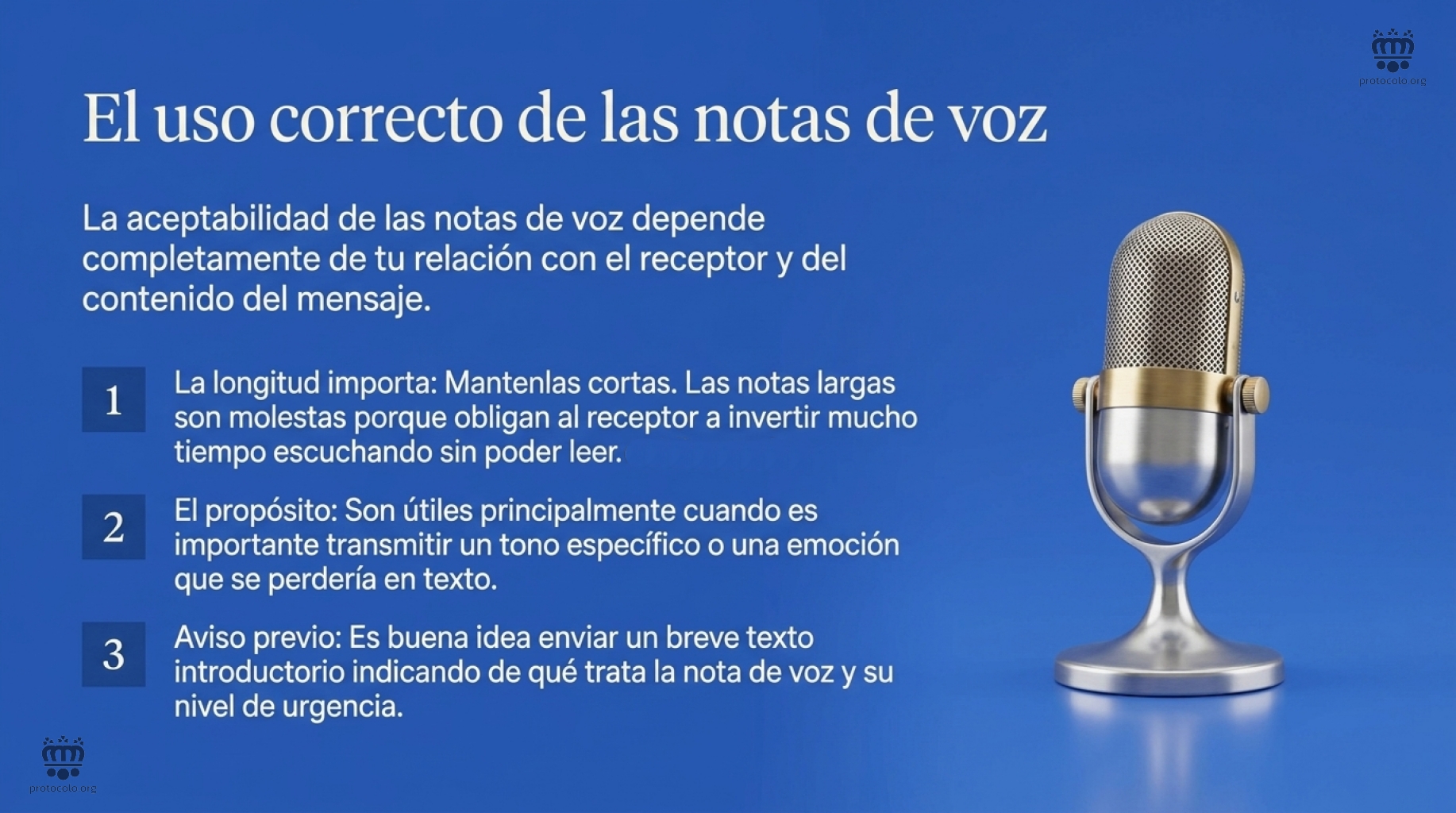 El receptor de una mensaje de voz debe conocer de antemano un resumen o asunto sobre el que se habla