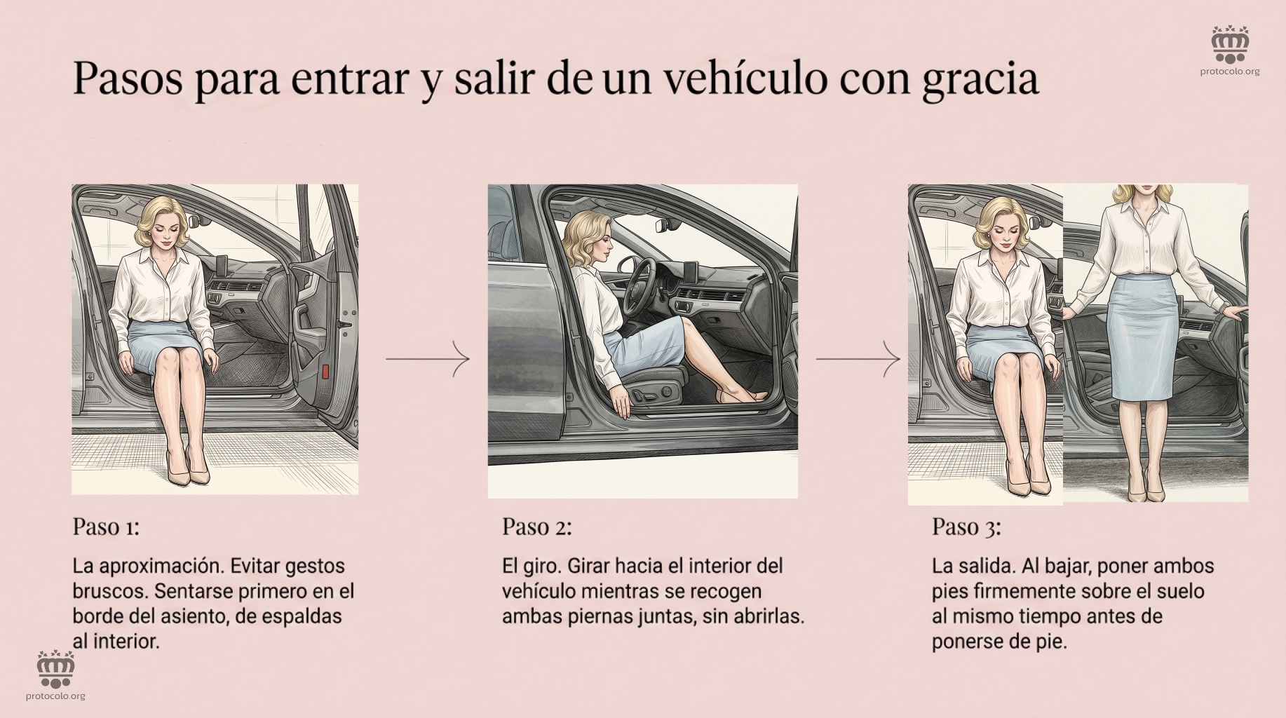 Evitar los gestos bruscos y juntar las piernas tanto al subir como al bajar del automóvil