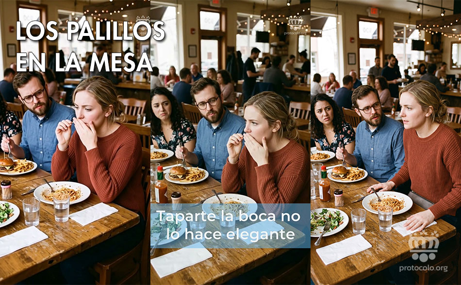 Los palillos en la mesa, para empezar, no se deben colocar salvo que lo requiera algún plato