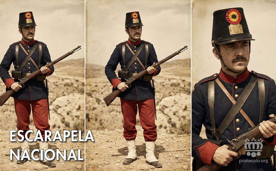 La escarapela nacional, Divisa de uno o más colores, en forma de rosa o lazo y otras. El uso de la escarapela roja es un recuerdo de la Casa de Borbón