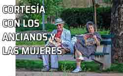 Icono cortesía con los mayores Pareja de adultos sentados en un banco