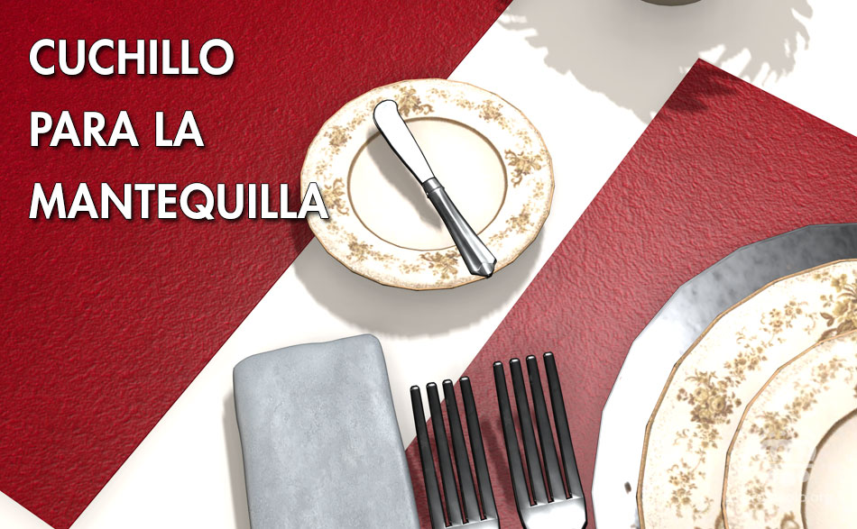 El cuchillo para la mantequilla se coloca de forma distinta al resto de los cubiertos. Es un cuchillo de pequeño tamaño y sin filo