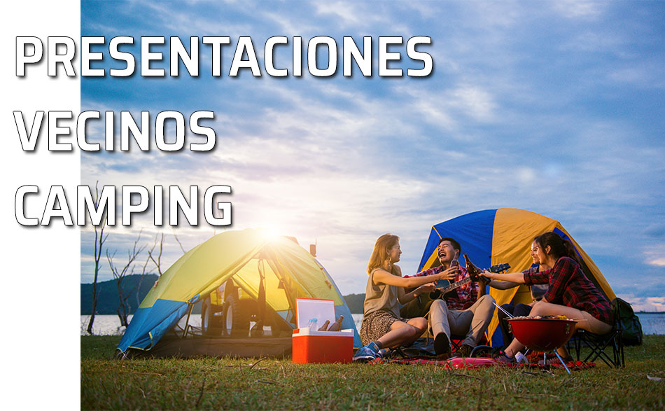 Presentaciones vecino camping. Un grupo de amigos en disfrutando de una tarde camping