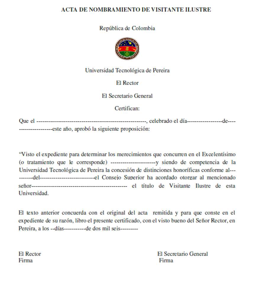 Modelo acta. Nombramiento visitante ilustre.