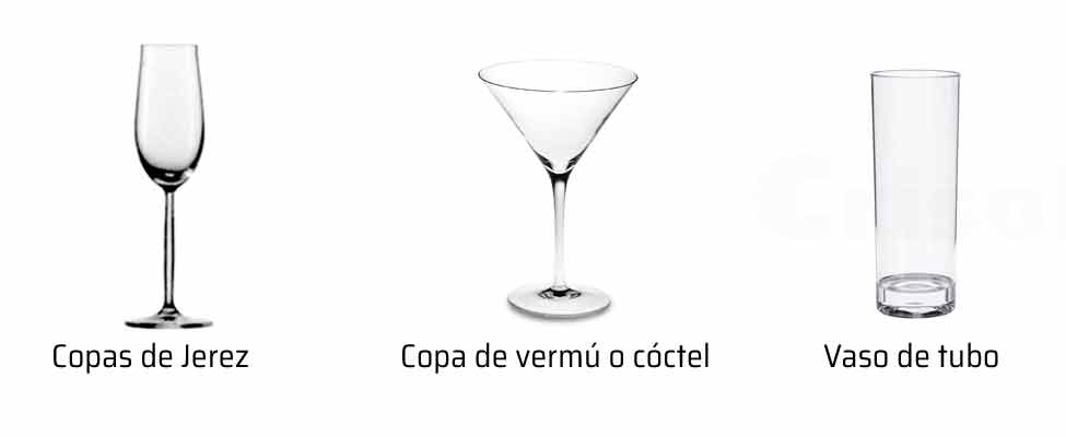 Copas para los aperitivos. Copa de Jerez, copa de vermú, vermouth o coctel y vaso de tubo