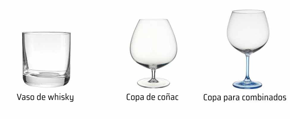 Copas para la sobremesa. Vaso de whisky, copa de coñac y copa para combinados