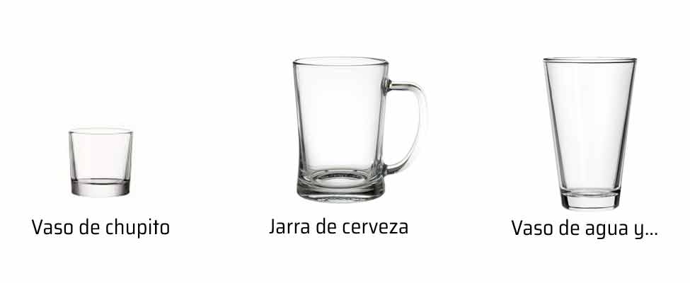 Piezas de uso diverso. Vaso de chupito, jarra de cerveza y vaso de agua